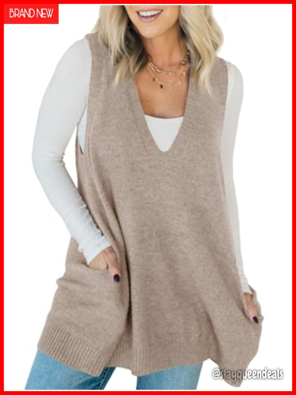 Sleeveless Sweater Vest Dress V-Neck Long Tunic Loose Fit Knit A-Line
